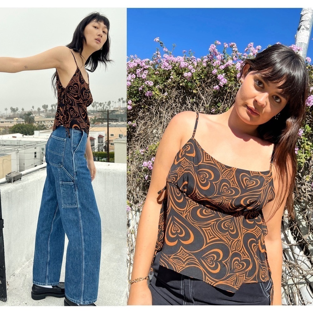 LISA SAYS GAH 90s Heart Print Sleeveless Side Tie Square‎ Neck Babydoll Tank S